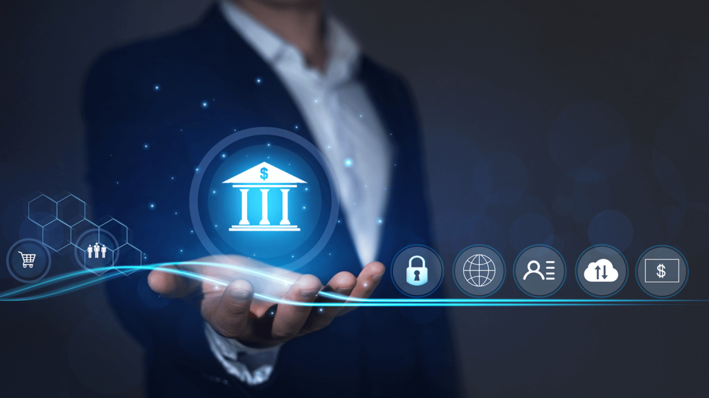 Imagem de um profissional segurando um ícone de banco, simbolizando a importância do conceito de Beyond Banking.