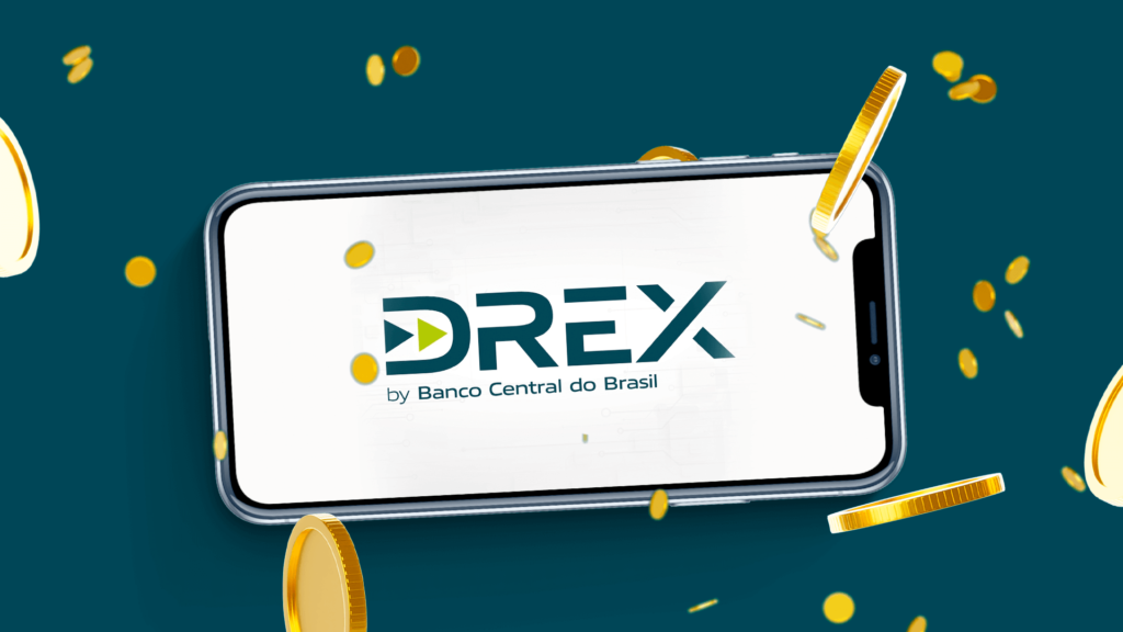 A imagem mostra um celular com o logo do Drex, nova moeda digital brasileira, tema do artigo da Luby.